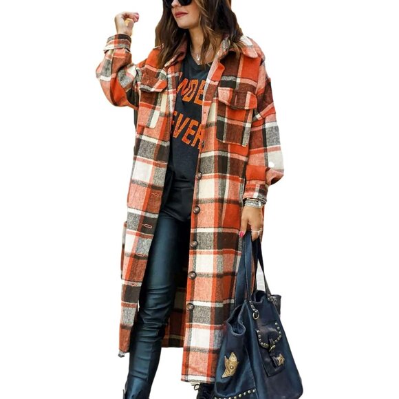 Jackets & Blazers - Women's Wool Blend Plaid Shacket Long Jacket Pockets Fall Winter